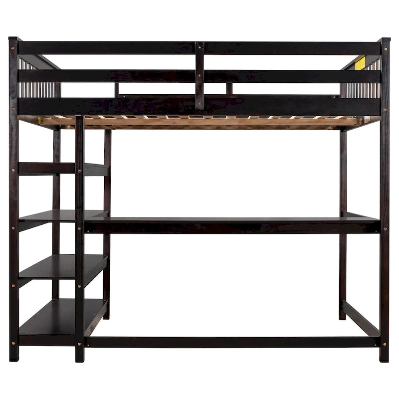 Full Size Solid Wood Loft Bed with Integrated Desk, Storage Shelves, and Stable Guardrails
