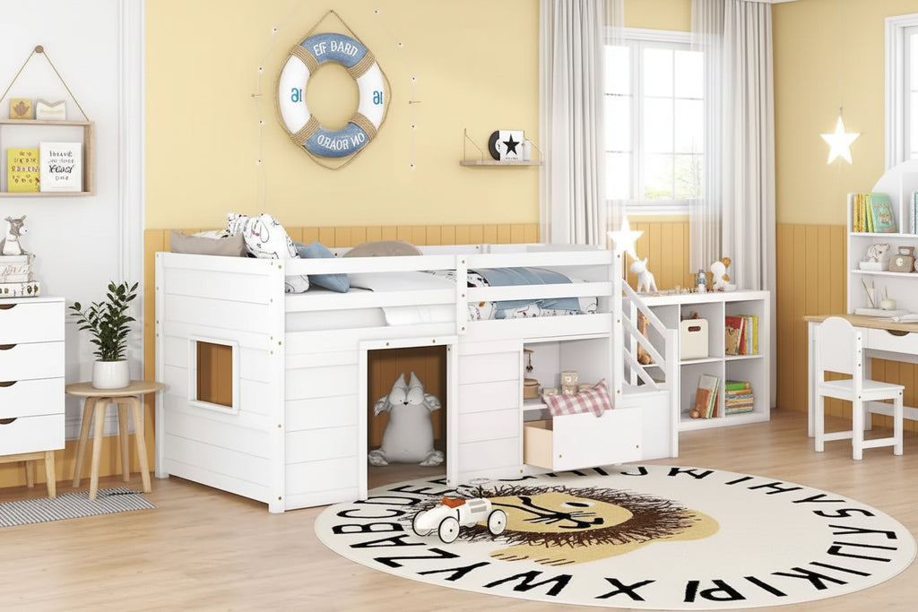 Twin Size Low Loft Bed with Drawers and Stairway
