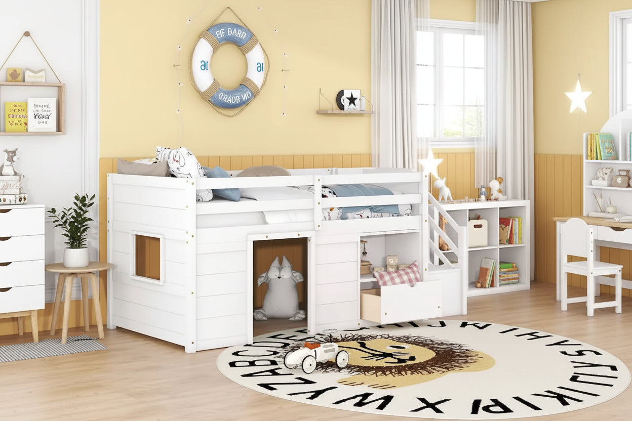 Twin Size Low Loft Bed with Drawers and Stairway