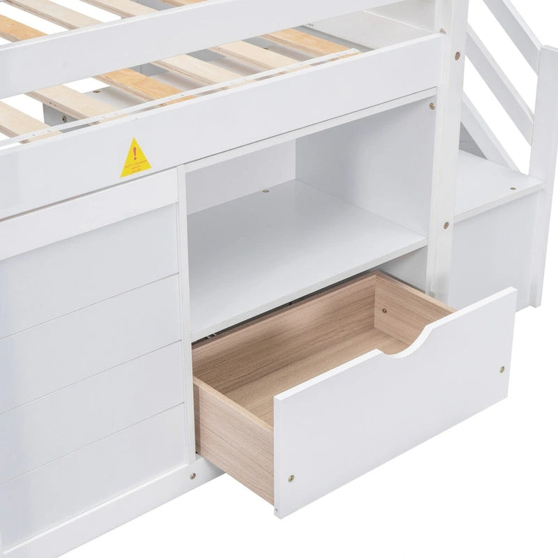 Twin Size Low Loft Bed with Drawers and Stairway