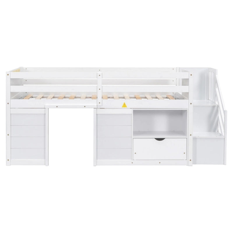 Twin Size Low Loft Bed with Drawers and Stairway