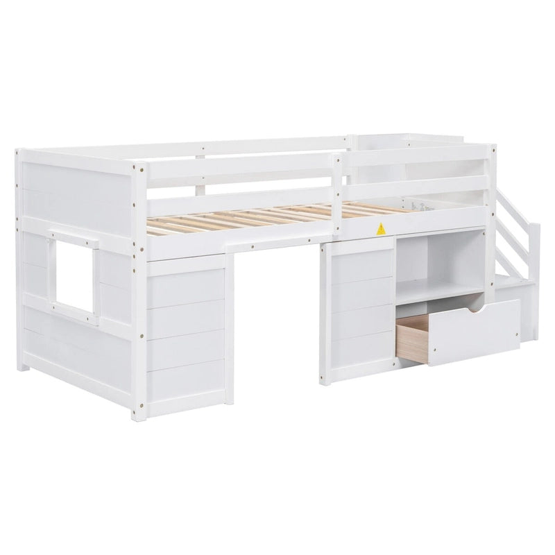 Twin Size Low Loft Bed with Drawers and Stairway