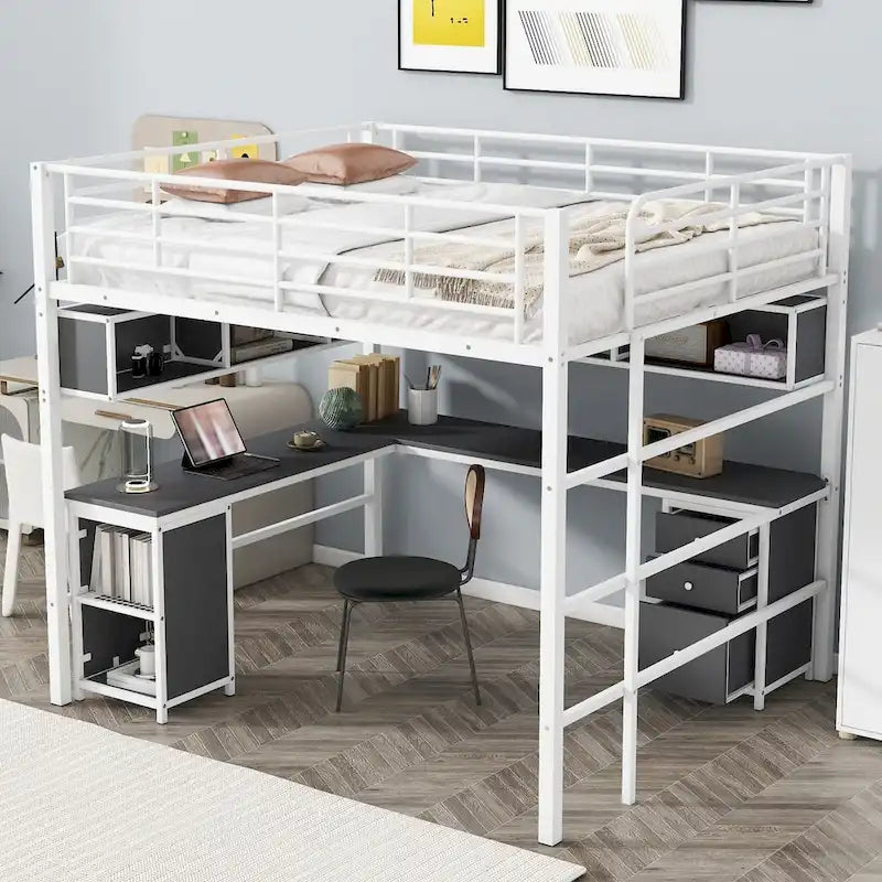 Metal Loft Bed with Bookcase, Desk and Cabinet