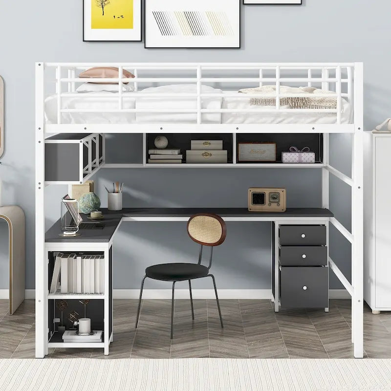 Metal Loft Bed with Bookcase, Desk and Cabinet