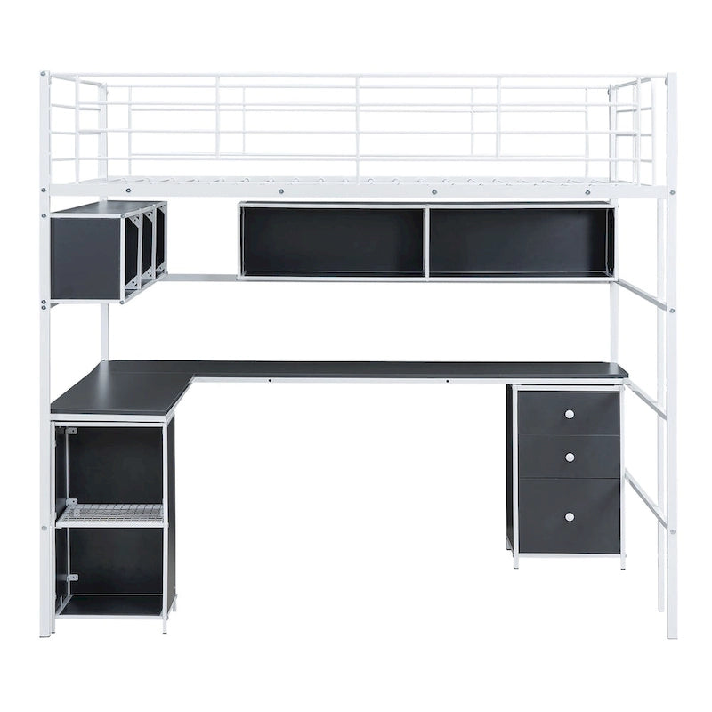 Metal Loft Bed with Bookcase, Desk and Cabinet