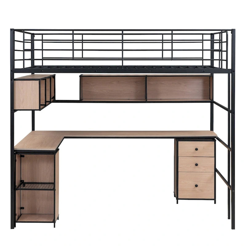 Metal Loft Bed with Bookcase, Desk and Cabinet