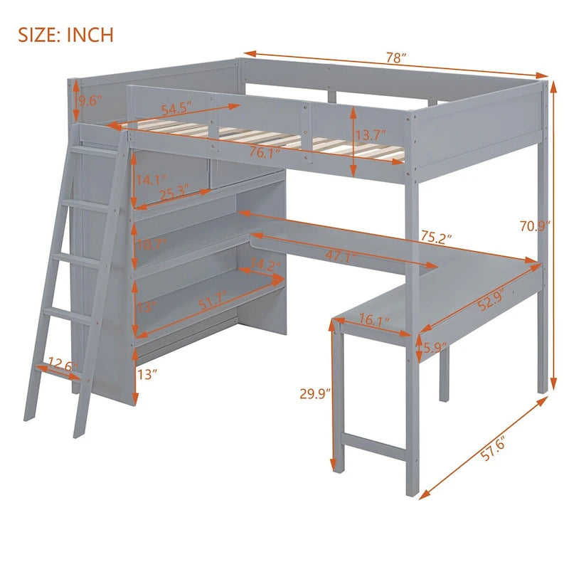 Full Size Loft Bed with Desk and Shelf