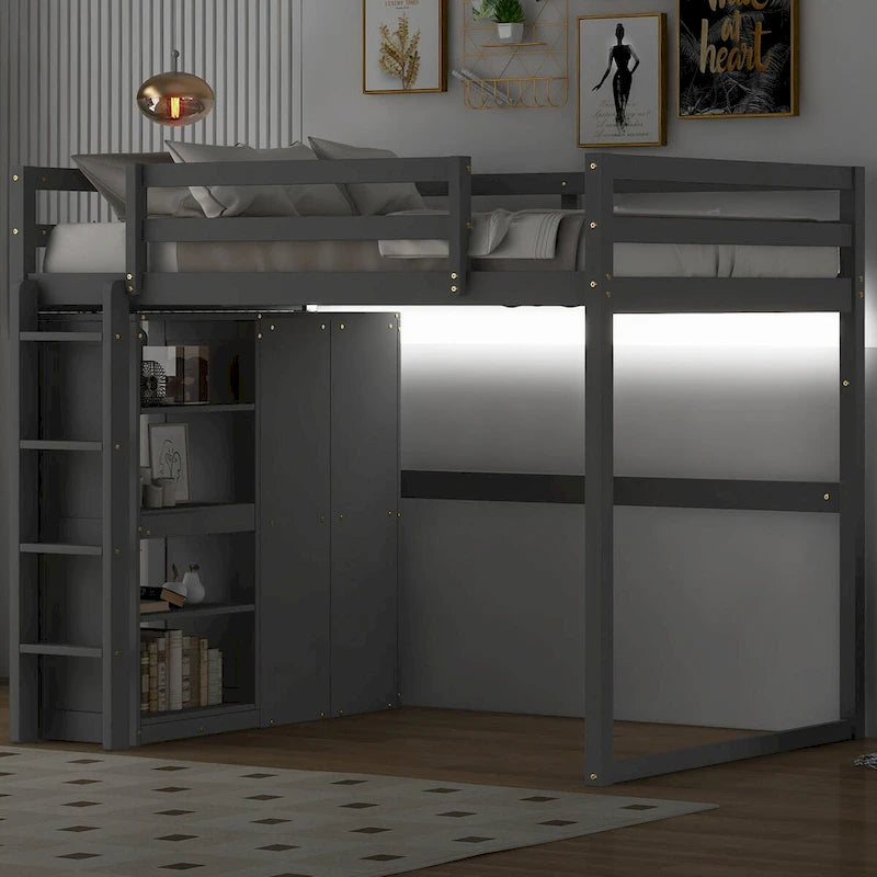Modern Full Size Loft Bed with Built-in Wardrobe and Storage Shelves