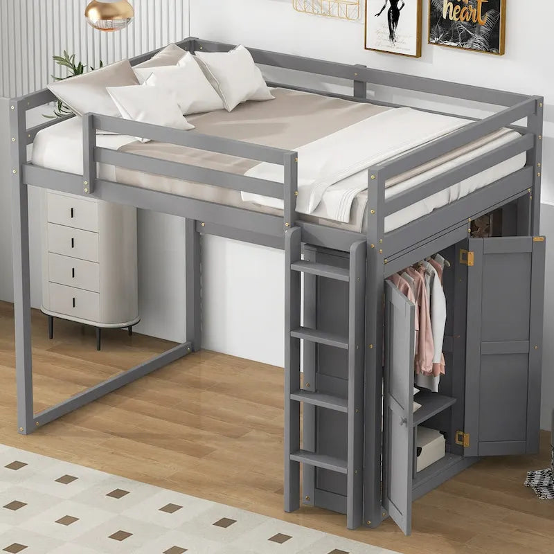 Modern Full Size Loft Bed with Built-in Wardrobe and Storage Shelves