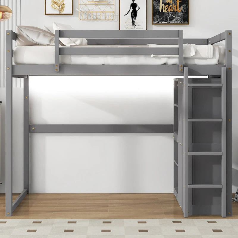 Modern Full Size Loft Bed with Built-in Wardrobe and Storage Shelves