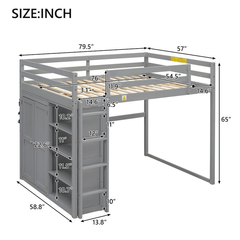 Modern Full Size Loft Bed with Built-in Wardrobe and Storage Shelves