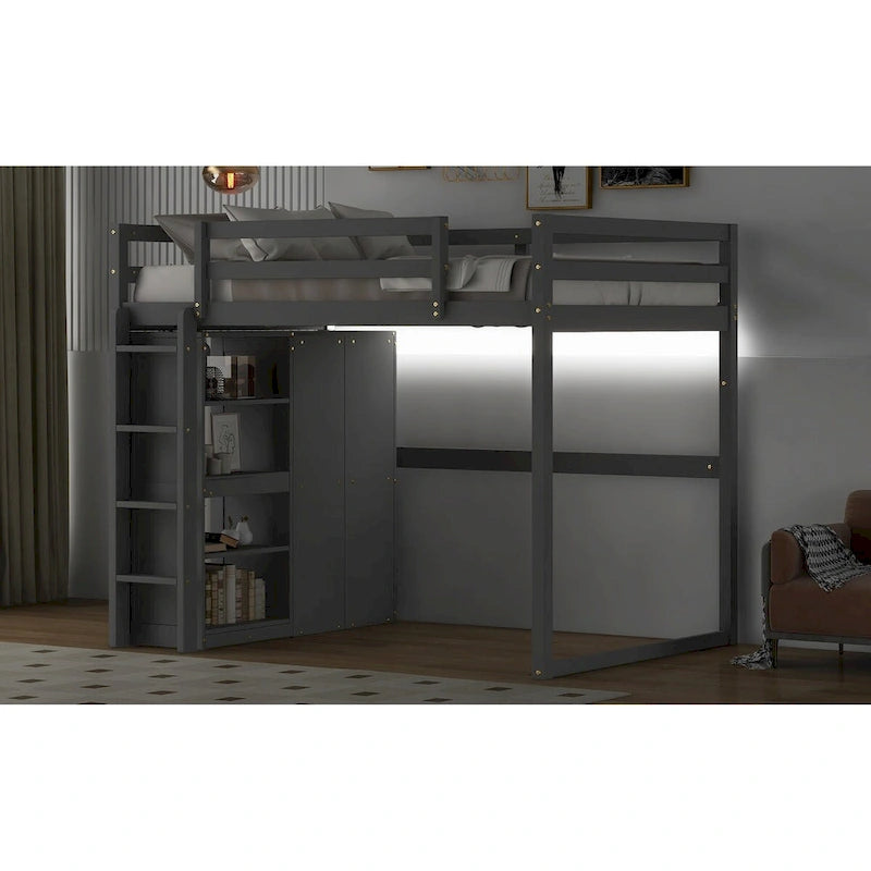 Modern Full Size Loft Bed with Built-in Wardrobe and Storage Shelves