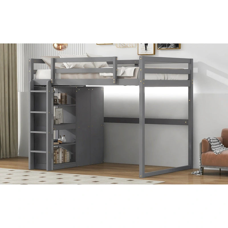 Modern Full Size Loft Bed with Built-in Wardrobe and Storage Shelves