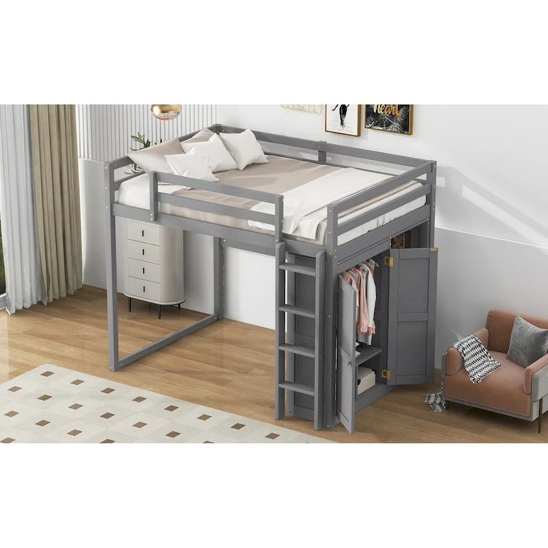 Modern Full Size Loft Bed with Built-in Wardrobe and Storage Shelves