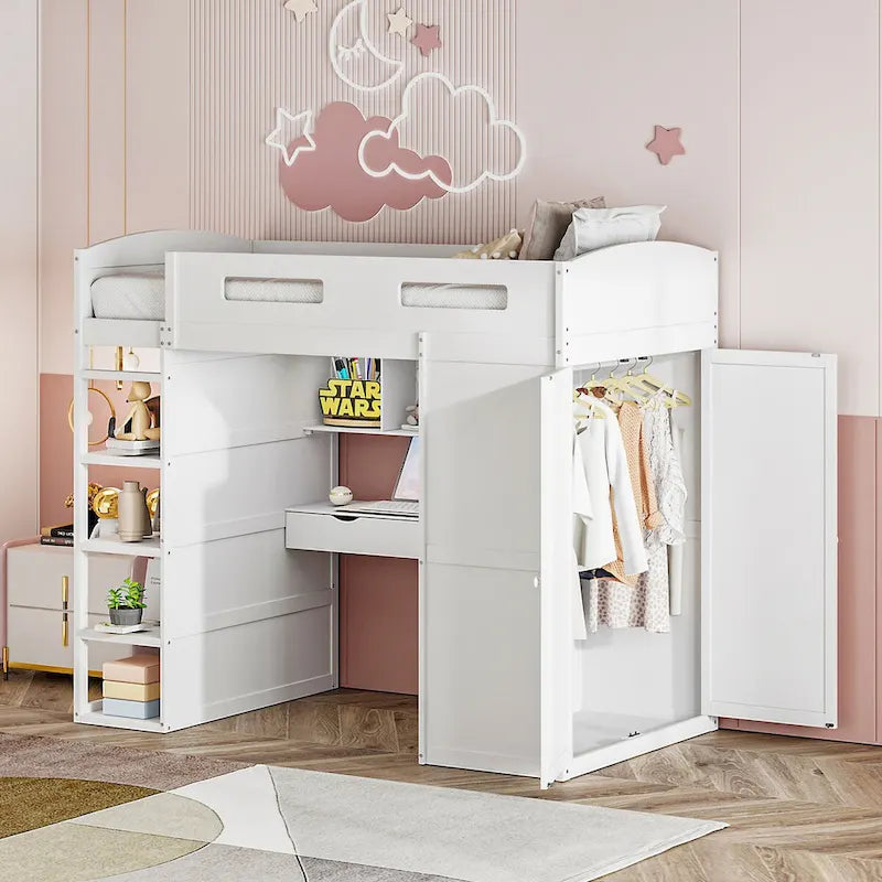 Merax Loft Bed with Desk, Wardrobes, 4 Drawers and 4 Shelves
