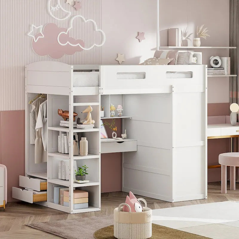 Loft Bed with Desk, Wardrobes, 4 Drawers and 4 Shelves