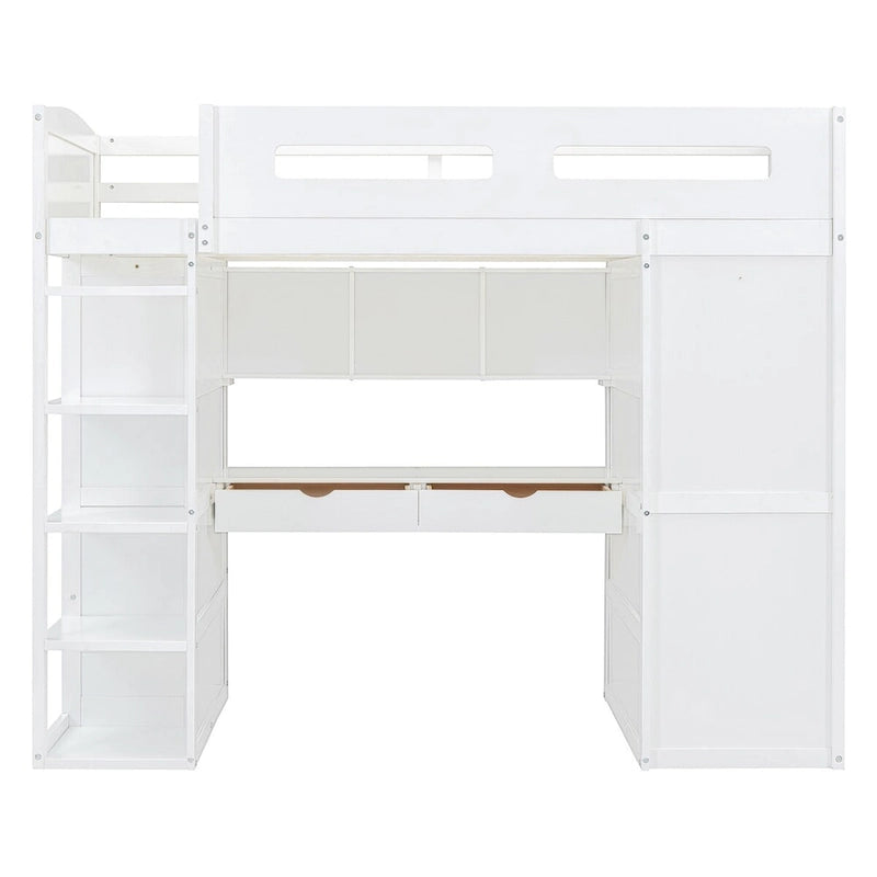 Loft Bed with Desk, Wardrobes, 4 Drawers and 4 Shelves