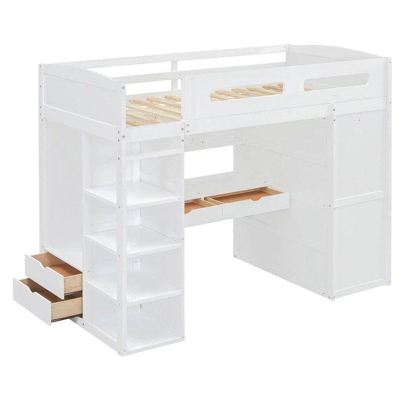 Loft Bed with Desk, Wardrobes, 4 Drawers and 4 Shelves