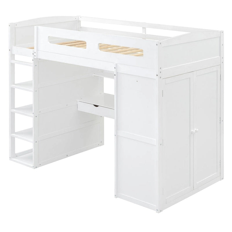 Loft Bed with Desk, Wardrobes, 4 Drawers and 4 Shelves