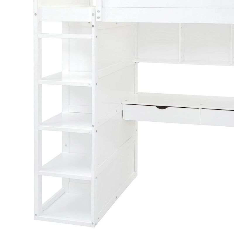 Loft Bed with Desk, Wardrobes, 4 Drawers and 4 Shelves