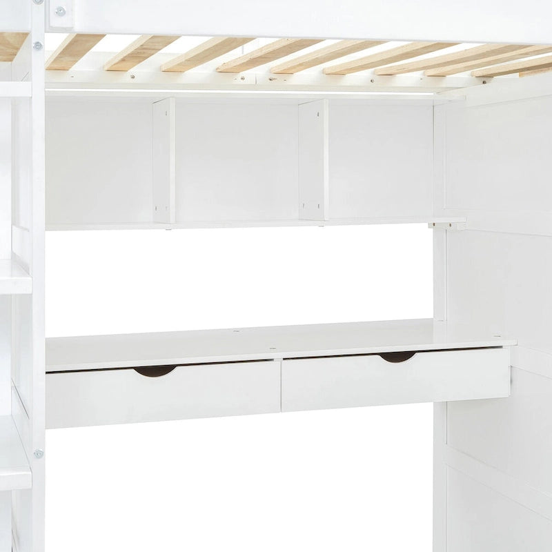 Loft Bed with Desk, Wardrobes, 4 Drawers and 4 Shelves