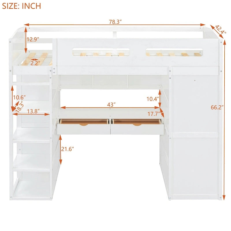 Loft Bed with Desk, Wardrobes, 4 Drawers and 4 Shelves