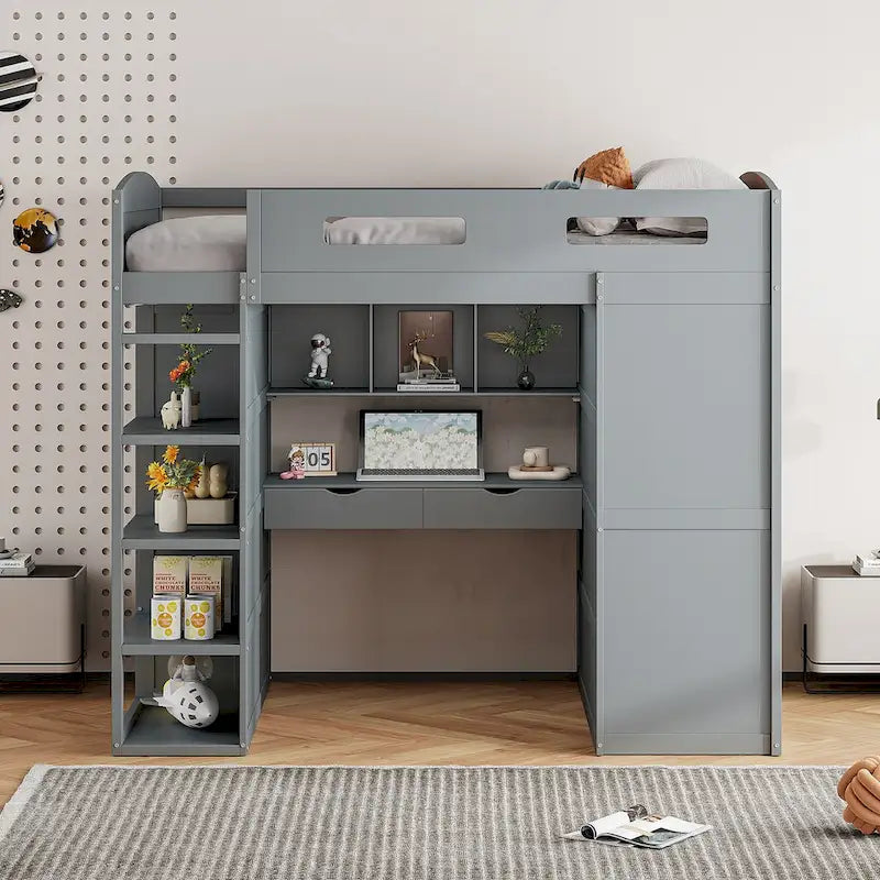 Loft Bed with Desk, Wardrobes, 4 Drawers and 4 Shelves