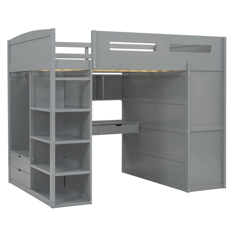 Loft Bed with Desk, Wardrobes, 4 Drawers and 4 Shelves