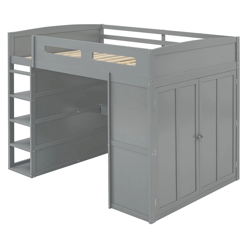 Loft Bed with Desk, Wardrobes, 4 Drawers and 4 Shelves