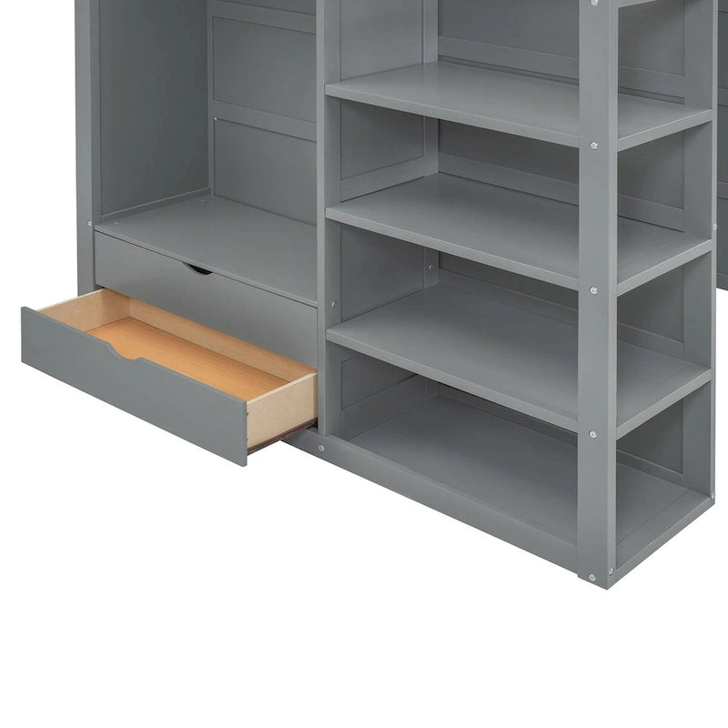 Loft Bed with Desk, Wardrobes, 4 Drawers and 4 Shelves