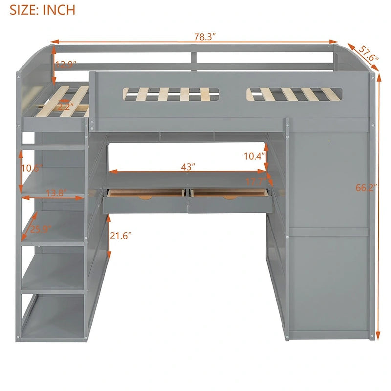 Loft Bed with Desk, Wardrobes, 4 Drawers and 4 Shelves