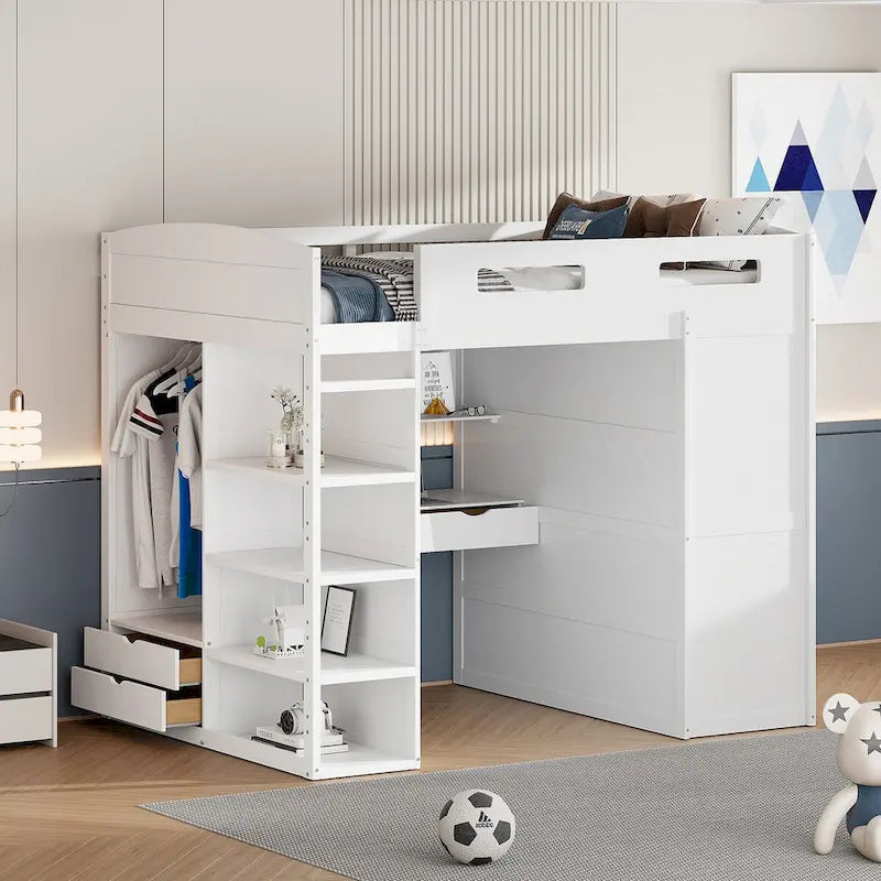Loft Bed with Desk, Wardrobes, 4 Drawers and 4 Shelves