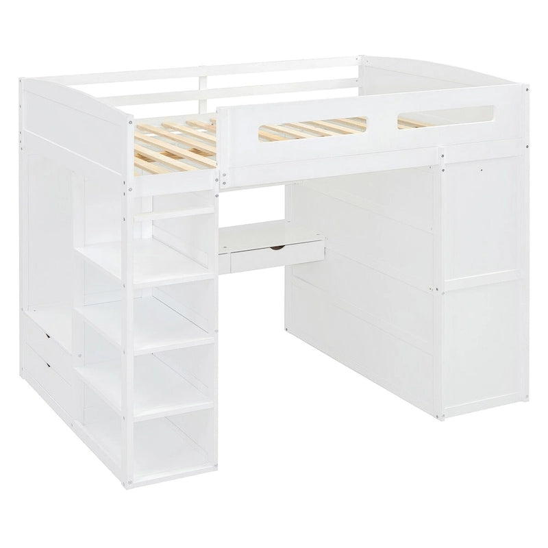 Loft Bed with Desk, Wardrobes, 4 Drawers and 4 Shelves