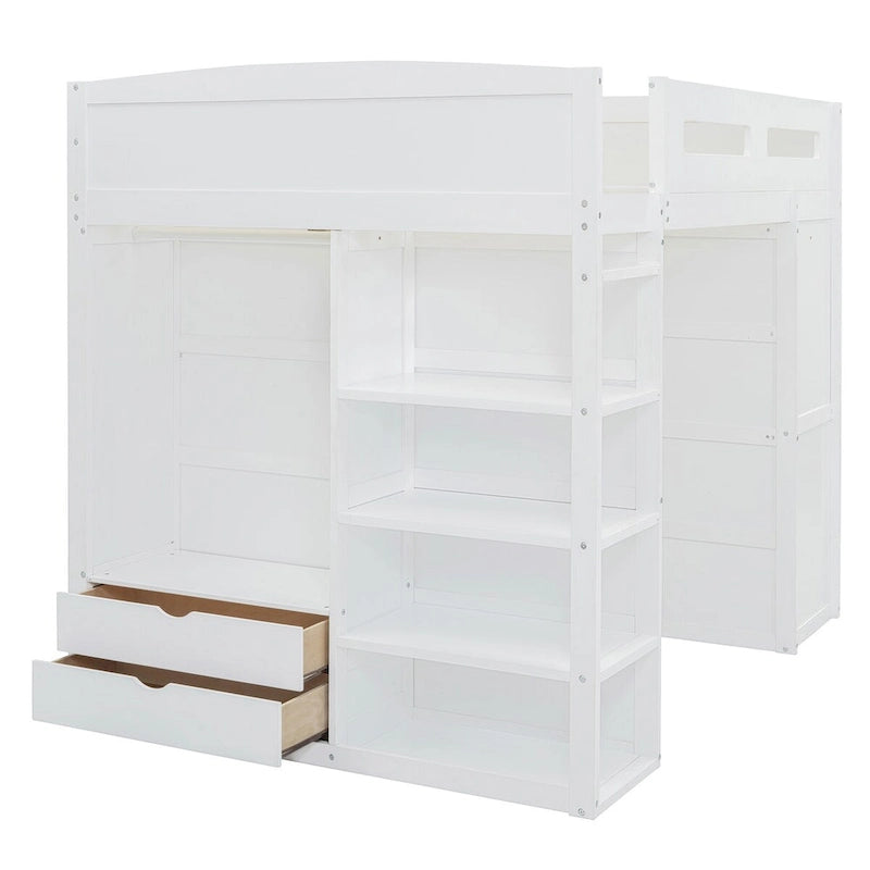 Loft Bed with Desk, Wardrobes, 4 Drawers and 4 Shelves