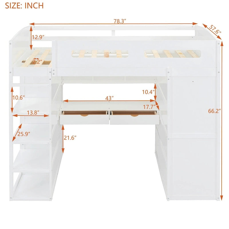Loft Bed with Desk, Wardrobes, 4 Drawers and 4 Shelves