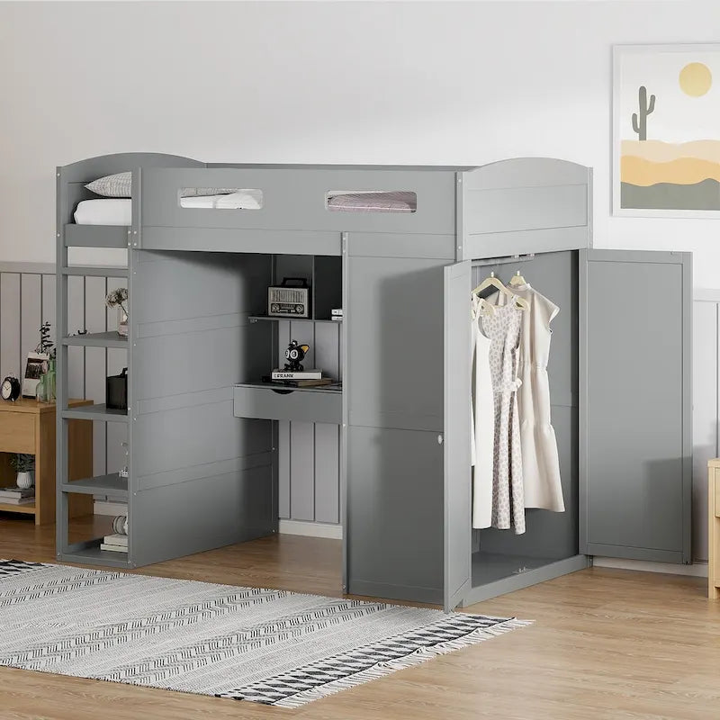 Loft Bed with Desk, Wardrobes, 4 Drawers and 4 Shelves