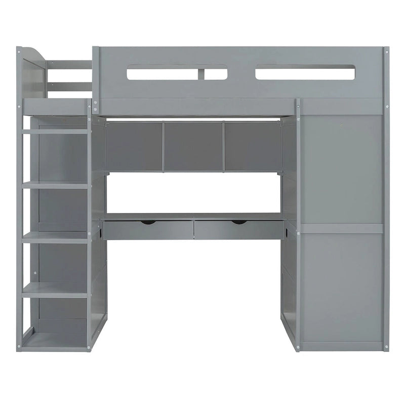 Loft Bed with Desk, Wardrobes, 4 Drawers and 4 Shelves