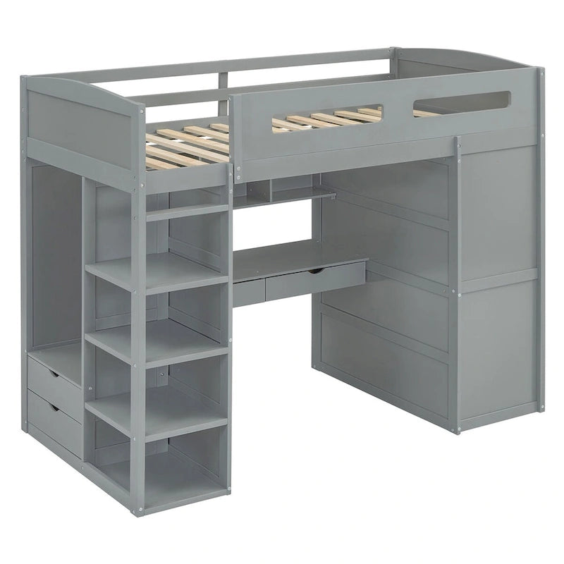 Loft Bed with Desk, Wardrobes, 4 Drawers and 4 Shelves