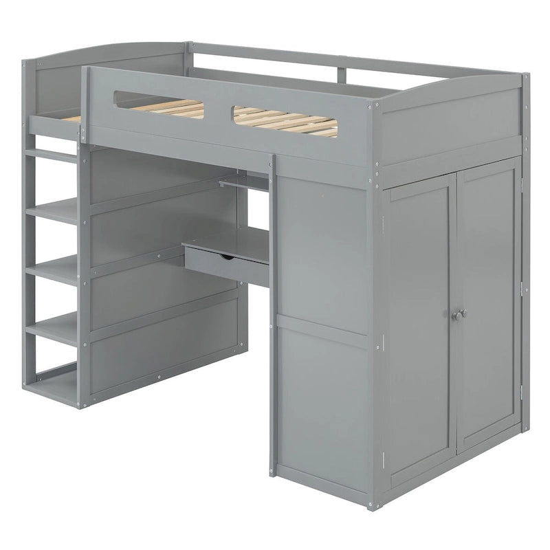Loft Bed with Desk, Wardrobes, 4 Drawers and 4 Shelves
