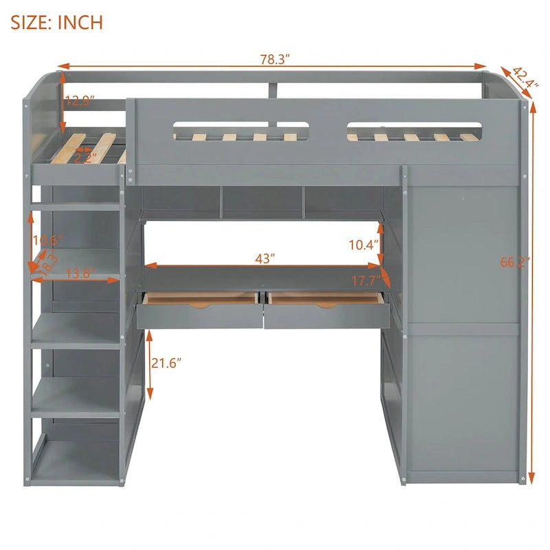 Loft Bed with Desk, Wardrobes, 4 Drawers and 4 Shelves